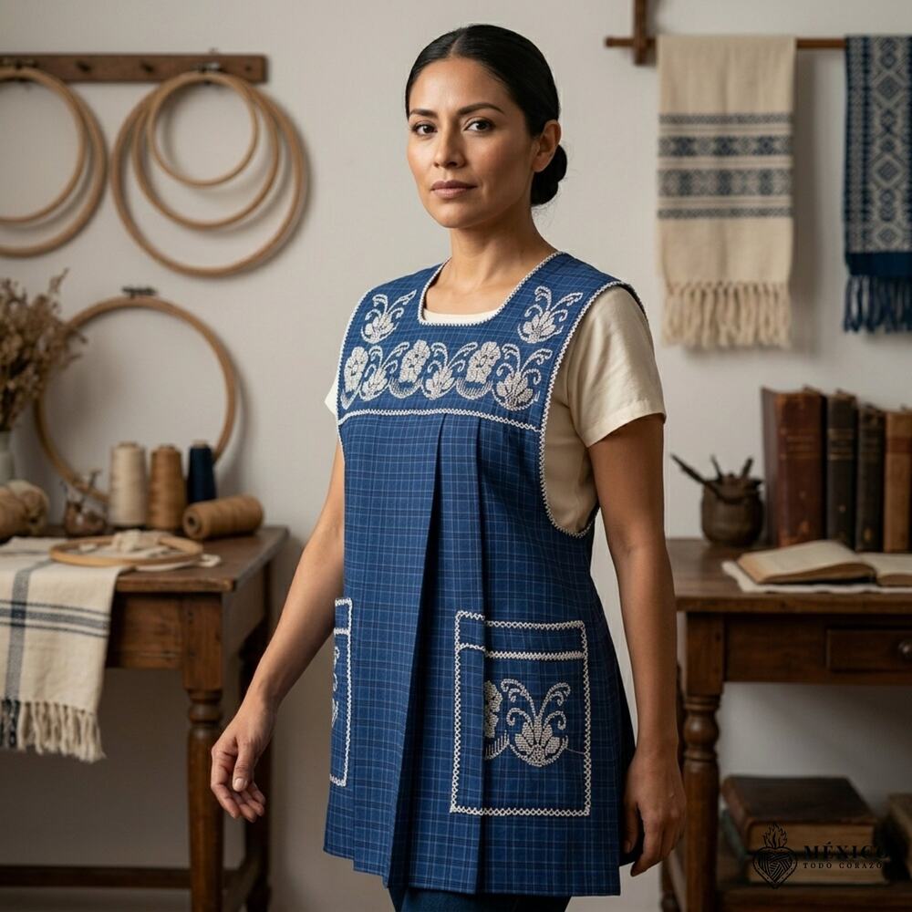 Traditional Mexican Cross-Stitch Embroidered Apron – Deluxe Artisan Smock Style